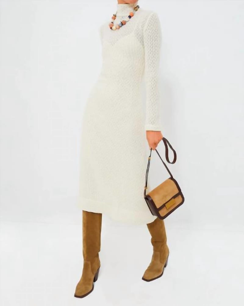 Front of a model wearing a size Large Nona Knit Dress In Ivory Marble in Ivory Marble by ALIX OF BOHEMIA. | dia_product_style_image_id:342282